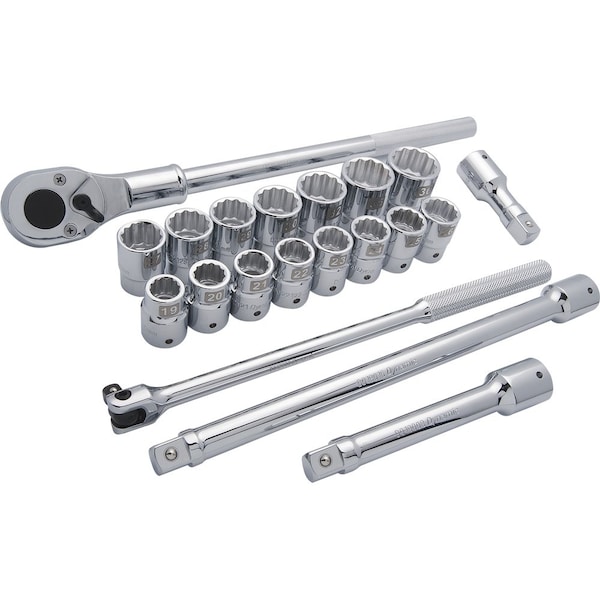 3/4" Dr 20Pcs 12 Point, Std Length, Metric Socket Set, 19mm - 36mm
